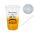 Copo Descartável 700 ml  Jateado Amarelo Ouro Com Tampa e Canudo
