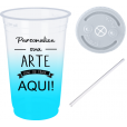 Copo Descartável 700 ml  Jateado Azul Tiffany Com Tampa e Canudo