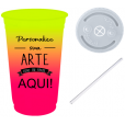 Copo Descartável 500 ml Jateado Bicolor Amarelo Fluor x Rosa Fluor Com Tampa e Canudo 