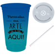 Copo Descartável 700 ml Jateado Bicolor Azul Royal x Azul Tiffany Com Tampa e Canudo