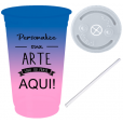 Copo Descartável 300 ml Jateado Bicolor Azul Royal x Rosa Bebê Com Tampa e Canudo 