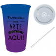 Copo Descartável 300 ml Jateado Bicolor Azul Royal x Roxo Fluor Com Tampa e Canudo 