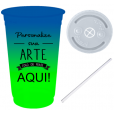 Copo Descartável 500 ml Jateado Bicolor Azul Royal x Verde Fluor Com Tampa e Canudo 