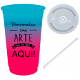 Copo Descartável 700 ml Jateado Bicolor Azul Tiffany x Rosa Fluor  Com Tampa e Canudo