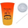 Copo Descartável 500 ml Jateado Bicolor Laranja Fluor x Amarelo Ouro Com Tampa e Canudo 
