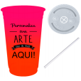 Copo Descartável 300 ml Jateado Bicolor Rosa Fluor x Laranja Fluor Com Tampa e Canudo 