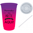 Copo Descartável 300 ml Jateado Bicolor Roxo Fluor x Rosa Fluor Com Tampa e Canudo 