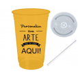 Copo Descartável 700 ml Jateado Fosco Amarelo Ouro Com Tampa e Canudo