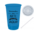 Copo Descartável 300 ml Jateado Fosco Azul Bebê Com Tampa e Canudo.