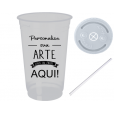 Copo Descartável 300 ml Jateado Fosco Branco Com Tampa e Canudo.