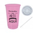 Copo Descartável 300 ml Jateado Fosco Rosa Bebê Com Tampa e Canudo.
