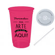Copo Descartável 300 ml Jateado Fosco Rosa Fluor Com Tampa e Canudo.