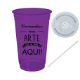 Copo Descartável 300 ml Jateado Fosco Roxo Fluor Com Tampa e Canudo.