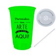 Copo Descartável 500 ml Jateado Fosco Verde Fluor Com Tampa e Canudo