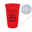 Copo Descartável 700 ml Jateado Fosco Vermelho Fluor Com Tampa e Canudo