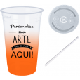 Copo Descartável 700 ml  Jateado Laranja Fluor Com Tampa e Canudo