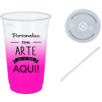 Copo Descartável 300 ml Jateado Rosa Fluor Com Tampa e Canudo Personalizado 