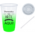 Copo Descartável 500 ml Jateado Verde Fluor Com Tampa e Canudo