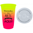 Copo Descartável 300 ml Jateado Bicolor Amarelo Fluor x Rosa Fluor Só Com Tampa