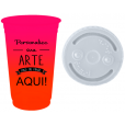 Copo Descartável Jateado Bicolor Rosa Fluor x Laranja Fluor 700 ml Só Com Tampa
