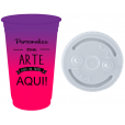 Copo Descartável 500 ml Jateado Bicolor Roxo Fluor x Rosa Fluor Só Com Tampa