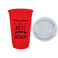 Copo Descartável 300 ml Jateado Fosco Vermelho Fluor Só Com Tampa