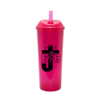 Copo Long Drink EJC com Tampa e Canudo Rosa Translucido