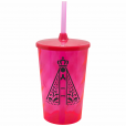 Copo Twister 500 ml Nossa Senhora com Tampa e Canudo Rosa Translúcido